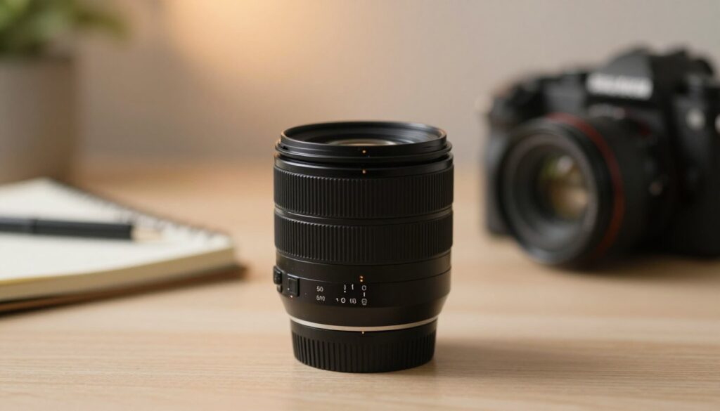 A beautifully arranged still life of a compact prime lens, with a focus on the lens aperture and its intricate details. In the foreground, showcase the lens set against a softly blurred background of a cozy vlogging setup featuring a camera and a notebook. The middle ground includes a subtle bokeh effect with warm, diffused lighting, casting soft shadows that highlight the lens's gleaming surfaces. Utilize shallow depth of field to accentuate the lens while the backdrops gently fade into an artistic blur. Create a warm, inviting atmosphere, evoking the essence of creativity and storytelling, while embodying the technical prowess of filmmaking. The composition is clean and professional, with no text or distracting elements.