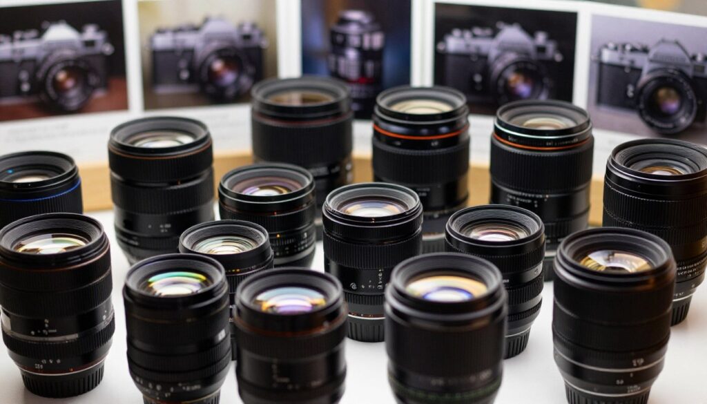 A beautifully crafted display of the evolution of fast aperture lenses, featuring a close-up foreground of distinct lens glass elements ranging from vintage to modern designs, showcasing varied coatings and shapes. The middle ground presents an artistic arrangement of prime lenses, highlighting their unique apertures, with lighting that accentuates the reflections and colors on the glass surfaces. In the background, softly blurred images of iconic cameras and photographs taken in low-light settings evoke the essence of photography’s evolution. The overall atmosphere is one of sophistication and innovation, with vibrant lighting emphasizing clarity and depth, inviting viewers to appreciate the fine details of lens technology.