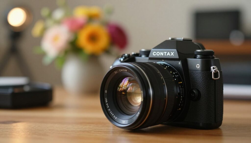 A captivating close-up view of a vintage Contax Zeiss lens mounted on a modern mirrorless camera body, situated on a wooden table. In the foreground, the intricate glass elements of the lens catch the light, revealing their quality and craftsmanship. The middle ground features an out-of-focus arrangement of colorful flowers, creating a beautiful bokeh effect that showcases the lens's unique depth of field capabilities. In the background, softly blurred hints of a cozy photography workspace with warm ambient lighting. The mood is nostalgic yet professional, emphasizing the connection between vintage optics and contemporary photography. The composition is framed from a slightly elevated angle to highlight the lens details, with a soft focus on the bokeh and a smooth transition between the layers.
