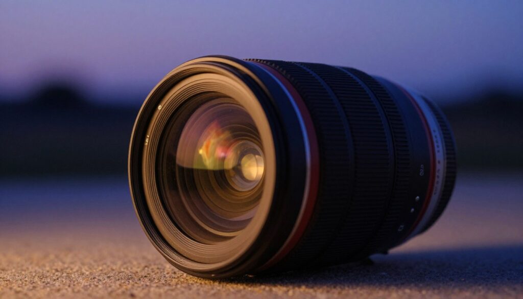 A close-up image of a professional f/2.8 aperture lens, meticulously showcasing its intricate details and craftsmanship. The foreground features the lens resting on a textured surface, illuminated by soft, warm light that accentuates its metallic highlights and glass elements. In the middle ground, a blurred backdrop displays a serene landscape at twilight, with soft hues of deep blue and purple, hinting at the capabilities of low light performance in astrophotography. The lighting captures a gentle glow, creating an inviting atmosphere that reflects the essence of capturing stunning images in dim conditions. The angle of the shot emphasizes both the lens and the beautifully blurred landscape, drawing viewers into the world of photography.
