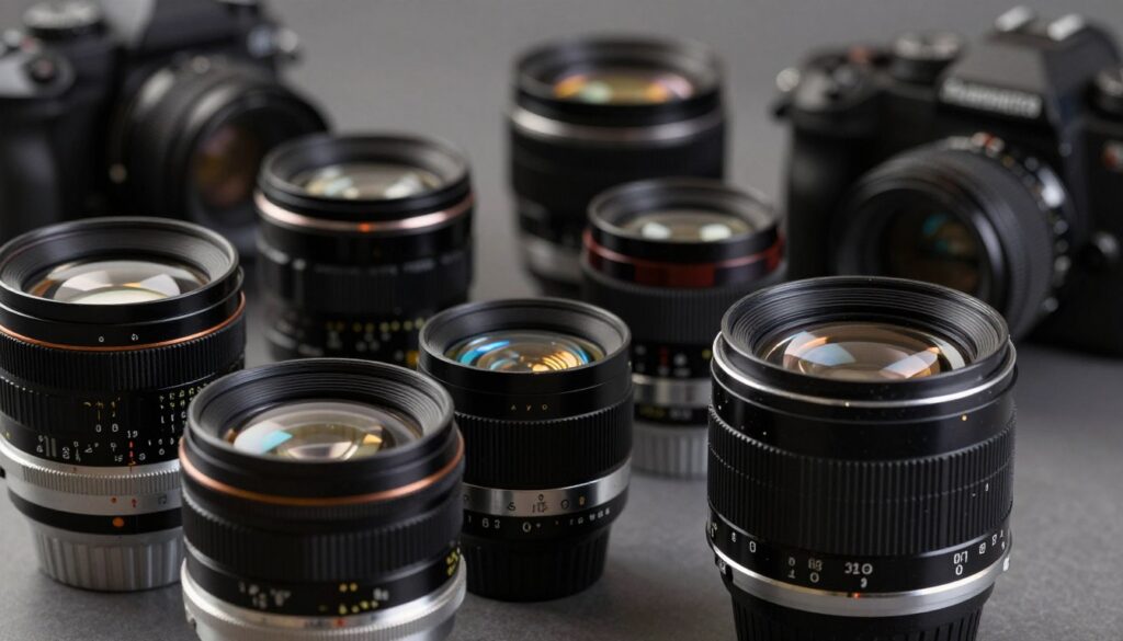 A close-up shot of professional cinema glass lenses, emphasizing the intricate, multi-coated glass and robust metal mounts. In the foreground, showcase a vintage prime lens with distinctive markings and a smooth focusing ring, glimmering under soft, diffused studio lighting that highlights its optical surfaces. In the middle, include several lenses of various sizes and shapes arranged artistically, reflecting light for a dramatic effect. The background should be softly blurred, hinting at an out-of-focus camera rig and modern mirrorless cameras, enhancing the contrast between vintage and contemporary gear. The mood is sophisticated and technical, conveying a blend of nostalgia and innovation in film-making technology.