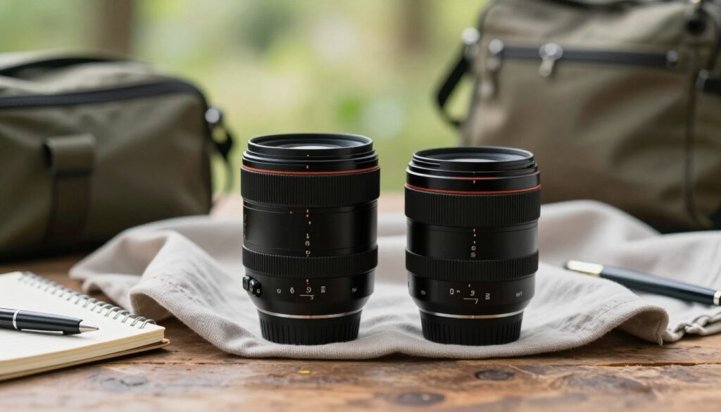 A close-up shot of two prime lenses, a 35mm and a 50mm, elegantly displayed on a rustic wooden table. The foreground highlights the lenses with a shallow depth of field, showcasing their sleek design and compact size, demonstrating their portability. In the middle ground, soft fabric, such as a lightweight camera bag, gently cradles the lenses, while small travel items like a notebook and a pen hint at adventure. In the background, a blurred outdoor scene with soft, natural daylight filtering through green foliage creates a serene atmosphere, evoking a sense of wanderlust. The overall mood is calm and inviting, emphasizing the practical yet stylish nature of prime lenses for photography enthusiasts on the go.
