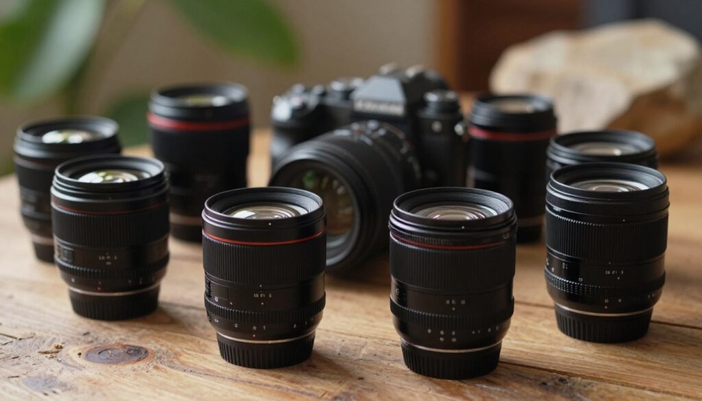 A close-up view of a collection of portable macro prime lenses artfully arranged on a rustic wooden surface, showcasing their sleek, compact designs and high-quality glass elements. In the foreground, focus on the lenses with fine detailing, highlighting the texture of the lens barrels and the clarity of the glass. The middle section features a stylish camera body positioned alongside the lenses, enhancing the theme of portability. In the background, softly blurred natural elements like foliage or rocks create an inviting and organic atmosphere. The lighting is warm and diffused, simulating a cozy indoor setting, inviting the viewer to imagine capturing incredible details in nature. The overall mood is relaxed and professional, emphasizing both functionality and aesthetic appeal.