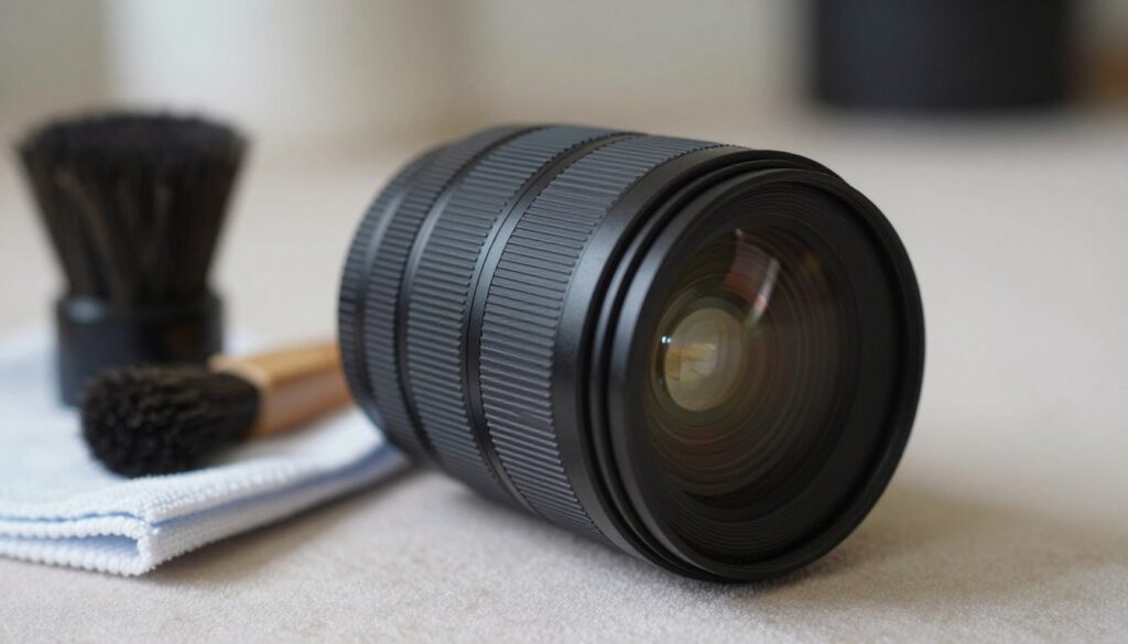A close-up view of a high-quality camera lens positioned on a soft, textured surface, emphasizing its intricate details such as the lens elements, barrel markings, and glass coatings. The foreground showcases the lens with a slight shine to reflect light, highlighting its precision engineering. In the middle ground, include a small, soft-bristled brush and a microfiber cloth neatly placed beside the lens, suggesting the action of cleaning. The background features a blurred, neutral-toned workspace to maintain focus on the lens and cleaning tools. Soft, diffused natural lighting creates a calm and professional atmosphere, enhancing the mood of care and maintenance. The angle is slightly above the lens, inviting the viewer to appreciate its craftsmanship while subtly conveying the importance of cleanliness for longevity. A close-up view of a high-quality camera lens positioned on a soft, textured surface, emphasizing its intricate details such as the lens elements, barrel markings, and glass coatings. The foreground showcases the lens with a slight shine to reflect light, highlighting its precision engineering. In the middle ground, include a small, soft-bristled brush and a microfiber cloth neatly placed beside the lens, suggesting the action of cleaning. The background features a blurred, neutral-toned workspace to maintain focus on the lens and cleaning tools. Soft, diffused natural lighting creates a calm and professional atmosphere, enhancing the mood of care and maintenance. The angle is slightly above the lens, inviting the viewer to appreciate its craftsmanship while subtly conveying the importance of cleanliness for longevity.