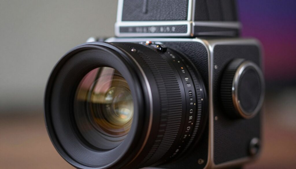 A close-up view of a medium format lens, showcasing its intricate details, including the polished glass elements and the metallic casing reflecting ambient light. In the foreground, highlight the lens's distinctive characteristics, such as the wide aperture and smooth focus ring. The middle ground features a soft, blurred bokeh effect created by the lens, demonstrating the shallow depth of field it can achieve. In the background, a subtle gradient of blurred colors mimics the effect of low-light photography, creating a professional and moody atmosphere. Use soft, diffused lighting to enhance the lens's features while maintaining a sophisticated and elegant look. The overall composition should evoke a sense of precision and artistry synonymous with medium format photography.