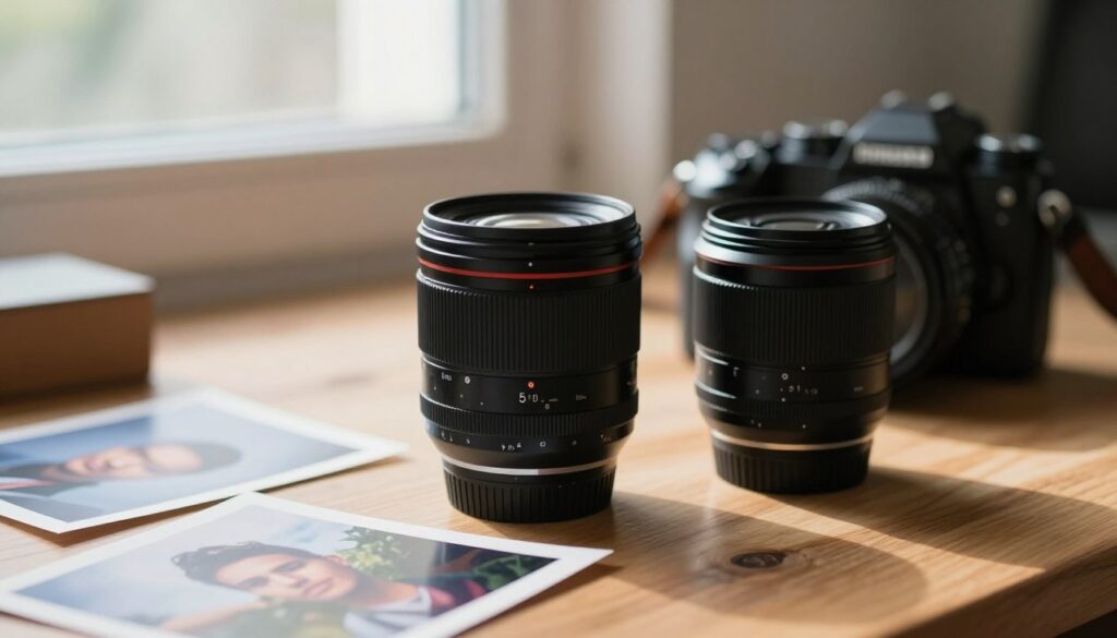 A close-up view of a photographer’s workspace featuring a high-quality 50mm prime lens and a 35mm prime lens placed on a wooden table, with a blurred camera body in the background for depth. Soft, natural daylight enters through a nearby window, casting gentle shadows that create a warm, inviting atmosphere. In the foreground, small photographic prints show captivating images of portraits and landscapes, highlighting the versatility of standard focal lengths. The mood is creative and inspiring, evoking a sense of exploration in photography. The focus is sharp on the lenses while the background remains artistically blurred, emphasizing their significance in the craft. No people are present, allowing the equipment and prints to speak for themselves.