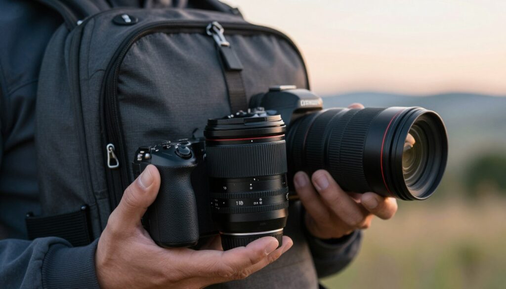 A close-up view of a professional photographer's hand holding a lightweight prime lens and a more complex zoom lens, showcasing the contrast between their sizes and weights. In the foreground, the prime lens is prominently displayed, sleek and compact, while the zoom lens appears larger and more intricate. The middle ground features a stylish camera backpack, partially unzipped, emphasizing portability and minimal gear. The background illustrates a scenic outdoor setting, softly blurred to bring focus to the equipment, with warm, natural lighting creating a welcoming atmosphere. A hint of sunset casts a soft glow, enhancing the mood of adventure and exploration. The image conveys a sense of balance between quality and convenience in photography gear.
