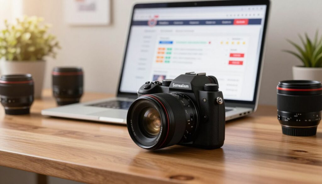 A close-up view of a sleek, high-tech camera system designed for evaluating seller reputation online, positioned on a polished wooden desk. In the foreground, the camera rests on a crisp, organized workspace with a few scattered prime lenses, showcasing their quality. The middle ground features a soft-focus laptop screen displaying an online marketplace, with vibrant ratings and reviews visible. The background includes subtle decorative elements, such as potted plants and quality assurance badges, suggesting a trustworthy environment. The lighting is warm and inviting, with a slight lens flare effect to enhance the professional feel. The overall mood is one of reliability and clarity, emphasizing careful decision-making and customer service excellence.