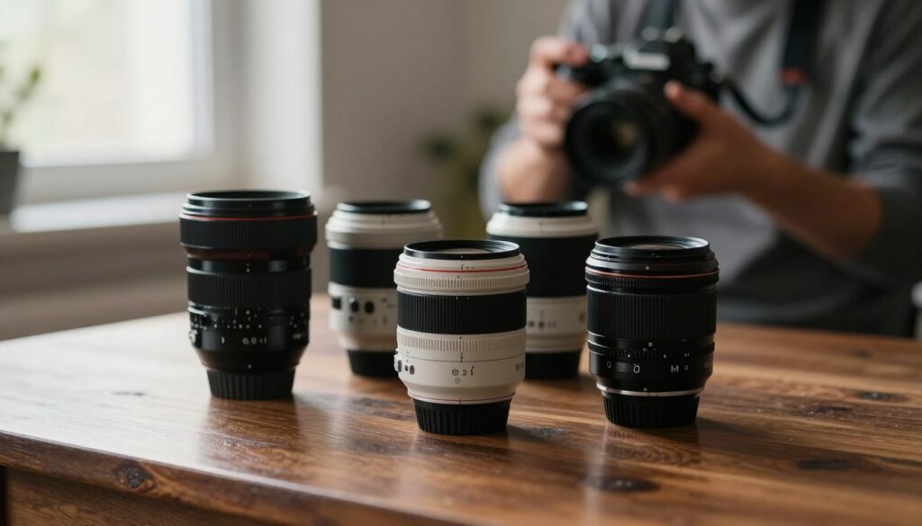 A close-up view of several prime lenses displayed on a smooth, dark wooden table. The lenses vary in size and design, showcasing their unique features like the aperture rings and glass elements. Soft, diffused natural light streams in from a nearby window, highlighting the polished surfaces and intricate details of the lenses. In the background, a blurred scene of a photographer adjusting their camera gear, dressed in modest casual clothing, suggests a creative environment. The atmosphere is focused and artistic, emphasizing the precision and craftsmanship of prime photography equipment. The colors are warm and inviting, evoking a sense of inspiration and mastery in photography techniques. A close-up view of several prime lenses displayed on a smooth, dark wooden table. The lenses vary in size and design, showcasing their unique features like the aperture rings and glass elements. Soft, diffused natural light streams in from a nearby window, highlighting the polished surfaces and intricate details of the lenses. In the background, a blurred scene of a photographer adjusting their camera gear, dressed in modest casual clothing, suggests a creative environment. The atmosphere is focused and artistic, emphasizing the precision and craftsmanship of prime photography equipment. The colors are warm and inviting, evoking a sense of inspiration and mastery in photography techniques.