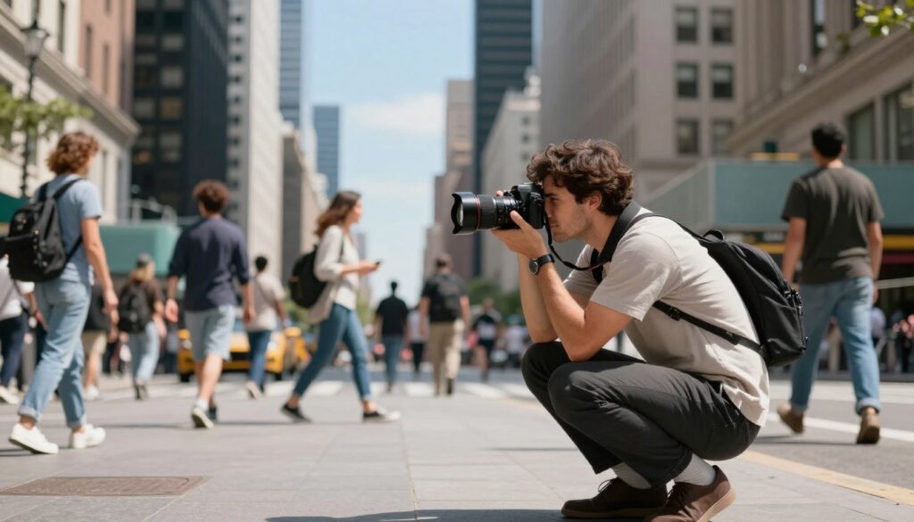 A dynamic scene illustrating the mechanics of focal length and composition in photography. In the foreground, a professional photographer crouches, capturing a bustling cityscape through a fixed lens camera, wearing a stylish yet modest outfit. The middle ground features vibrant street activity, highlighting the effect of varying focal lengths on depth of field; some subjects appear sharp while others fade into a soft blur. In the background, tall buildings stretch towards a clear blue sky, showcasing the relationship between composition and perspective. Soft, natural sunlight filters through, casting gentle shadows and enhancing the image's clarity and vibrancy. The overall atmosphere is one of creativity and exploration, emphasizing mastery of photography techniques. A dynamic scene illustrating the mechanics of focal length and composition in photography. In the foreground, a professional photographer crouches, capturing a bustling cityscape through a fixed lens camera, wearing a stylish yet modest outfit. The middle ground features vibrant street activity, highlighting the effect of varying focal lengths on depth of field; some subjects appear sharp while others fade into a soft blur. In the background, tall buildings stretch towards a clear blue sky, showcasing the relationship between composition and perspective. Soft, natural sunlight filters through, casting gentle shadows and enhancing the image's clarity and vibrancy. The overall atmosphere is one of creativity and exploration, emphasizing mastery of photography techniques.