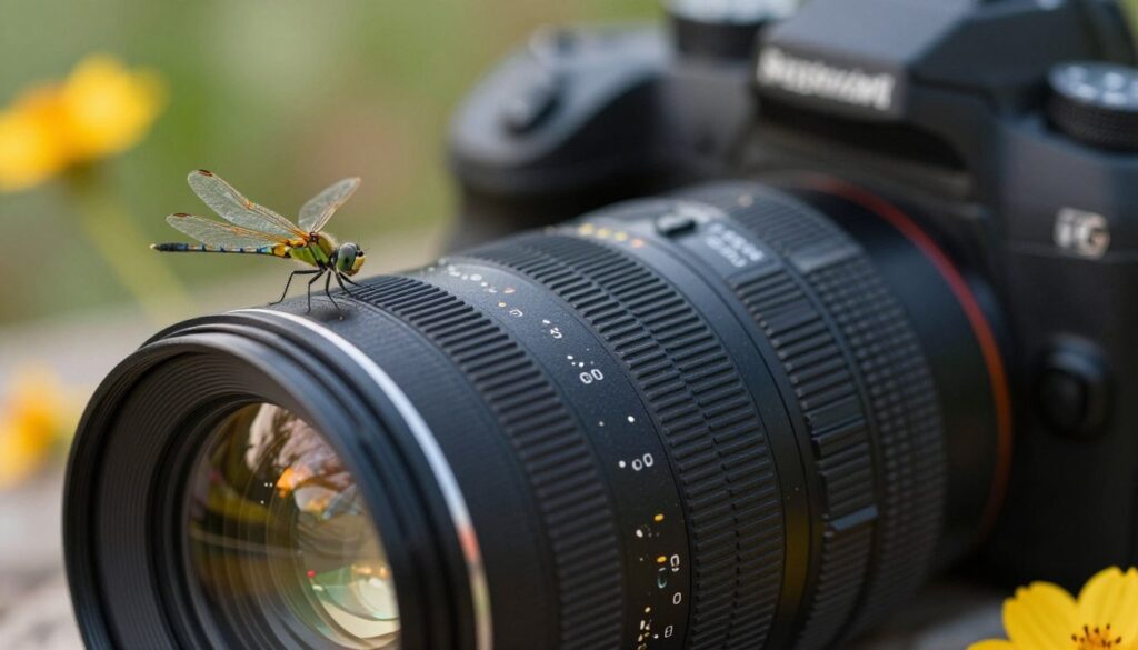 A high-quality macro lens, prominently displayed in the foreground, showcasing its intricate design and precise focus ring. The lens is highlighted against a blurred backdrop of soft-focus photography equipment, hinting at its purpose. Glimmering glass elements reflect ambient natural light, creating a warm and inviting atmosphere. In the middle ground, a small insect, such as a dragonfly, is carefully positioned on a vibrant flower, showcasing the lens's potential for capturing fine details at minimal object distance. The entire scene is well-lit, emphasizing the sharpness and clarity of the lens while inviting viewers into the world of macro photography. The angle captures both the lens and the exquisite details of the subject, creating a harmonious composition that speaks to the art of capturing incredible detail.