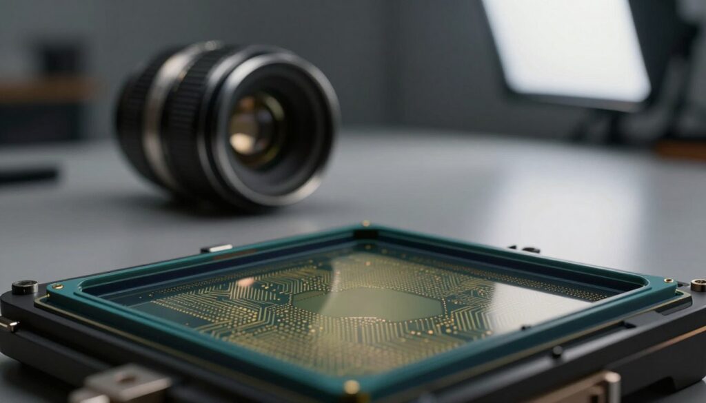 A high-resolution close-up image of a camera sensor, showcasing its detailed texture and pixel arrangement, prominently displayed in the foreground. The sensor is illuminated by soft, diffused lighting, revealing the intricate circuit patterns and small individual pixels that contribute to image quality. In the middle ground, a vintage prime lens rests on a reflective surface, hinting at the concept of optical performance. The background features a blurred-out photography studio setup with subtle bokeh effects, enhancing the focus on the sensor and lens. The overall mood is professional and technical, evoking a sense of precision and clarity, ideal for illustrating complex optical concepts.