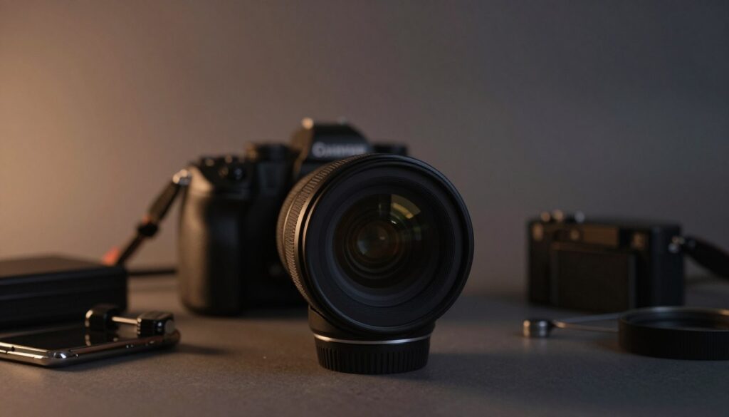 A low light prime lens positioned prominently in a moody, dimly lit photography studio. In the foreground, the lens is sharply in focus, showcasing its intricate glass elements and metal construction, reflecting subtle glimmers of ambient light. The middle ground features a softly blurred camera body, hinting at its compatibility with the lens, while scattered photography accessories surround them, creating an organized but creative chaos. The background is a muted gradient, emphasizing the lens in a dramatic atmosphere, accentuated by gentle shadows. Soft, warm light spills in from one side, mimicking the glow of a sunset, conveying an inviting yet professional vibe that highlights the subject’s significance in low light photography.