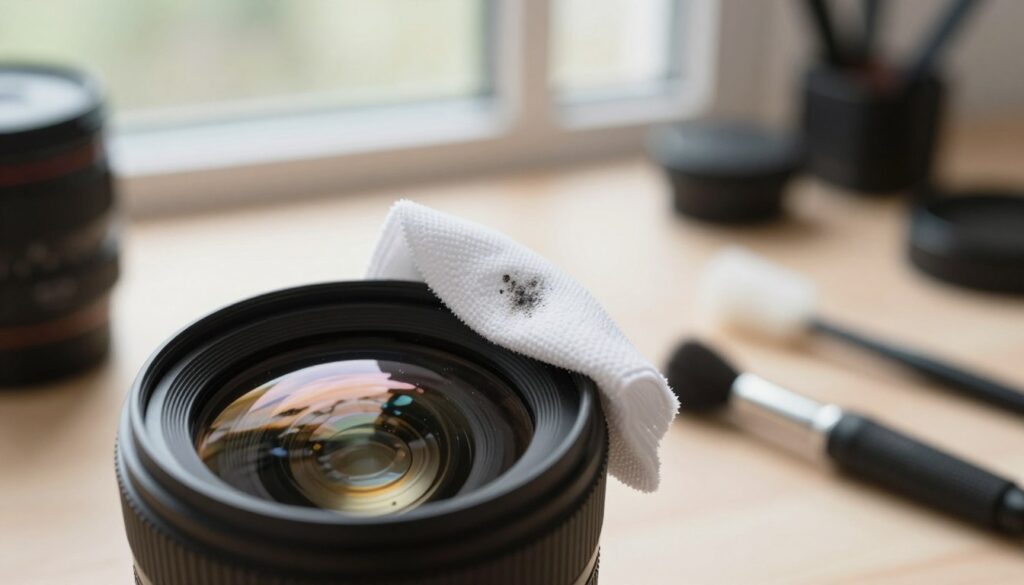 A pristine, close-up view of a camera lens being cleaned, with a soft microfiber cloth delicately wiping its surface to remove dust and smudges. The foreground features glistening reflections on the lens glass, showcasing the intricate details of the lens elements. In the middle, an ergonomic lens brush rests nearby, hinting at common mistakes like using the wrong tools. The background is softly blurred, featuring a well-organized photography workspace with a gentle daylight glow filtering through a nearby window, creating a warm and inviting atmosphere. The overall mood conveys professionalism and care, emphasizing the importance of proper maintenance techniques for longevity. There are no text overlays or watermarks in the image.
