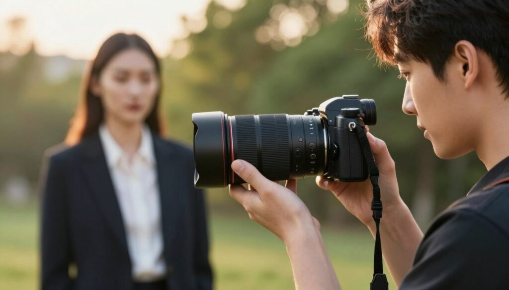 A professional photographer in a serene outdoor setting, skillfully balancing a high-quality prime lens with a lightweight camera body. In the foreground, the photographer is captured adjusting the lens, showcasing attention to detail with the focus ring and aperture settings gleaming softly in the golden hour light. The midground features a beautifully blurred portrait of a model in professional business attire, emphasizing sharp image quality against the lush greenery. The background is softly out-of-focus trees and bokeh effects, enhancing the overall composition. The scene is lit with warm, natural light, creating an inviting atmosphere that highlights the fusion of optimal image quality and portability. The image conveys a sense of professionalism and creativity in photography, without any text or distractions.
