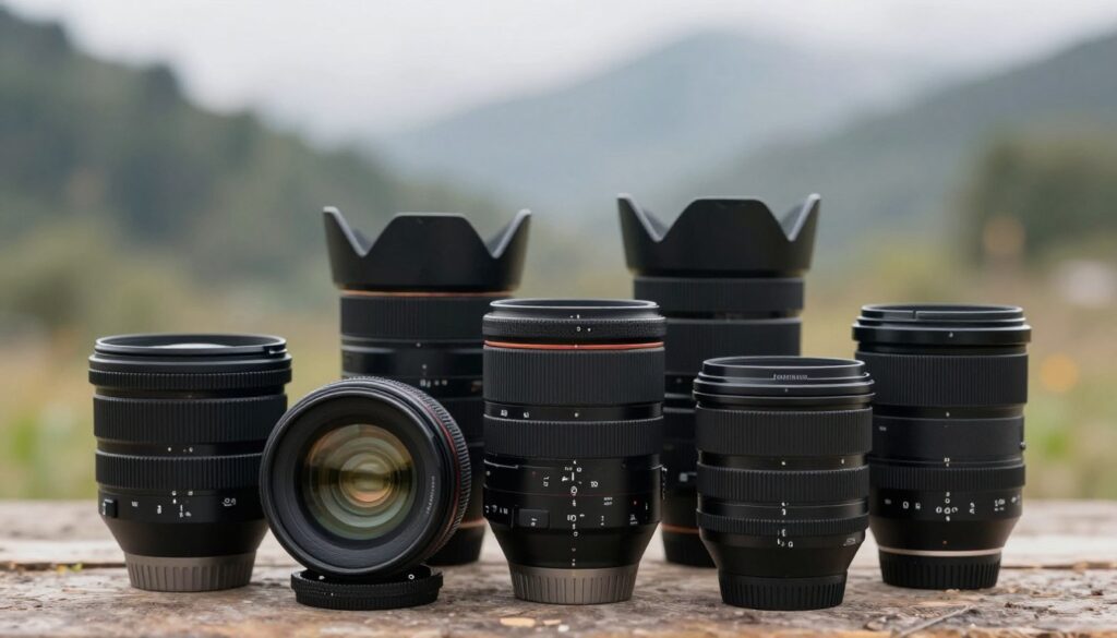 A selection of high-performance weather-sealed prime lenses displayed prominently in the foreground, showcasing their rugged build and intricate detailing such as weather-resistant seals and robust lens caps. In the middle ground, soft natural light highlights the shiny glass elements, emphasizing their superior optics. The background features a blurred outdoor setting, hinting at a scenic landscape with soft bokeh effects—perhaps a misty forest or a mountain view, suggesting an adventurous outdoor photography experience. The overall mood is one of professionalism and readiness for any weather conditions, appealing to outdoor photographers. The composition captures the essence of reliability and high performance in challenging environments, with a focus that draws the viewer’s eye to the lenses.