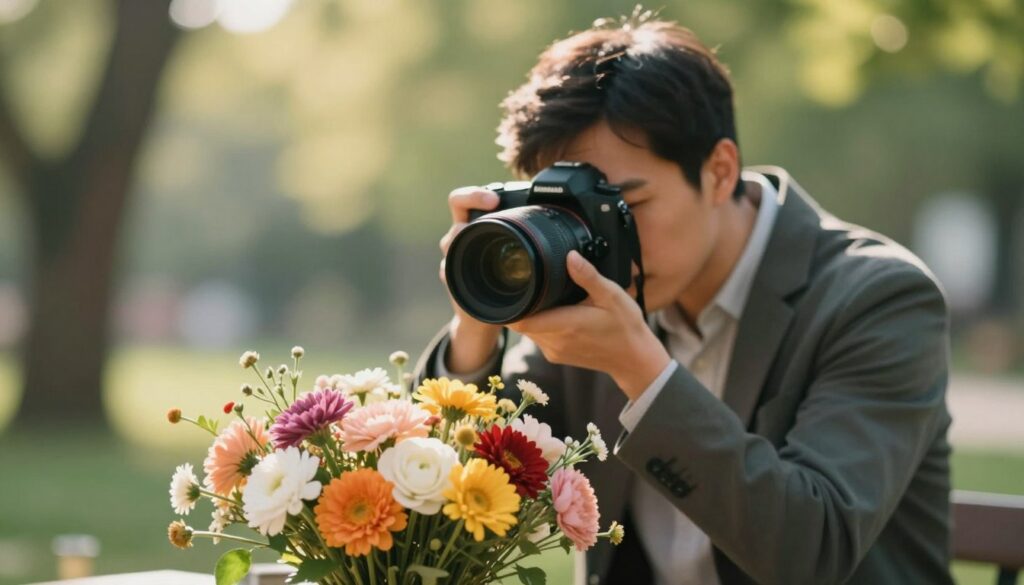 A shallow depth of field photograph capturing a professional photographer focusing intently on a vibrant bouquet of flowers in the foreground, showcasing their intricate details and colors. The photographer is dressed in smart casual attire, positioned approximately five feet away, with a prime lens, allowing for a blurred, dreamy background of softly diffused greens and warm sunlight filtering through trees. The lighting is natural and soft, creating an inviting atmosphere that highlights the connection between the subject and the photographer. The bokeh effect should be pronounced, with circular highlights and smooth transitions that emphasize the subject while maintaining a serene, artistic mood.