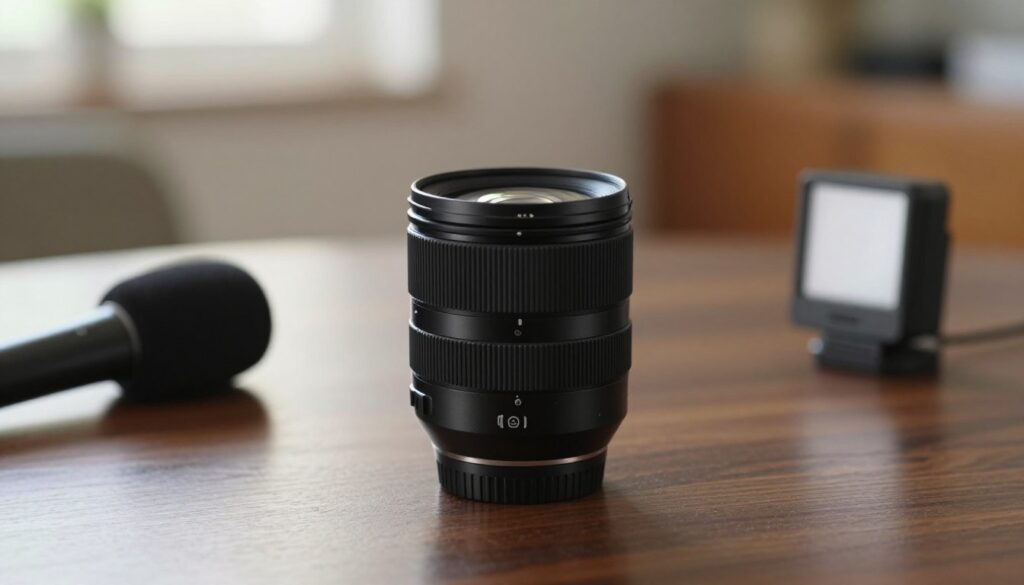 A sleek, compact prime lens prominently displayed on a smooth, dark wooden table, surrounded by useful vlogging equipment, such as a small microphone and a portable light source. The lens should have a polished black surface, showcasing intricate details like the focus ring and glass elements. In the background, a softly blurred indoor setting with warm, natural lighting creates an inviting atmosphere, suggesting a cozy workspace. The angle of the shot highlights the lens's lightweight design, emphasizing its ergonomic balance for handheld use. The overall mood is focused and professional, ideal for content creators seeking optimal equipment for their vlogs.
