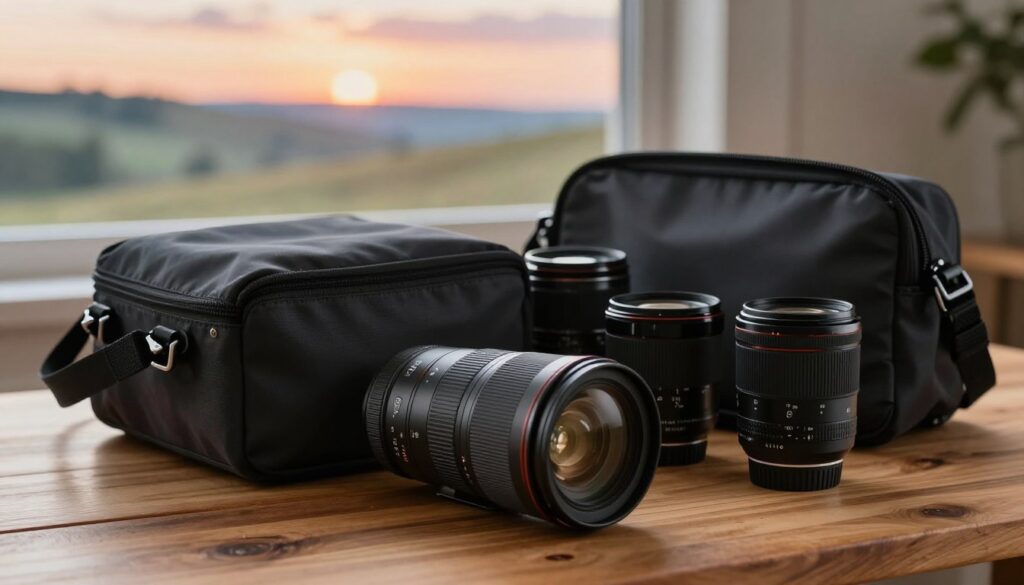 A spacious camera bag laid open on a wooden table, showcasing an assortment of wide-angle prime lenses designed for landscape and astrophotography. In the foreground, highlight a sleek, high-quality wide-angle lens with a glossy finish, its glass elements catching the soft, diffused natural light streaming in from a nearby window. In the middle ground, a few more lenses are arranged attractively, each displaying unique features. The background features a blurred, scenic landscape through a window—perhaps rolling hills under a vibrant sunset. The atmosphere is warm and inviting, ideal for a photography enthusiast, emphasizing both affordability and quality. The composition promotes a sense of exploration and discovery in navigating budget-friendly equipment.