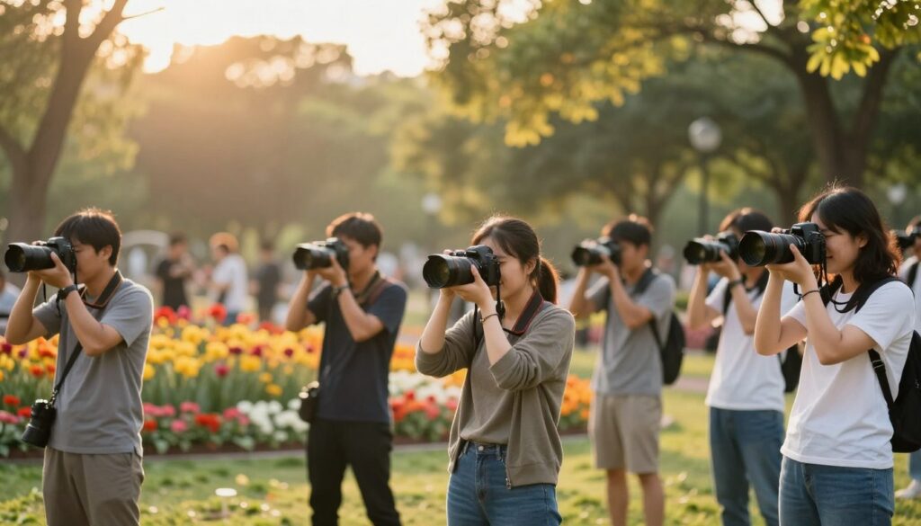 A vibrant community photography workshop in an outdoor park setting. In the foreground, a diverse group of enthusiastic photographers captures the beauty of nature through their lenses, each with a DSLR camera, wearing casual, modest clothing. The middle ground features a striking display of colorful flowers, with soft bokeh effect highlighting the depth of field. In the background, trees softly blur, creating a dreamy atmosphere as golden hour sunlight filters through the leaves, casting a warm glow over the scene. The mood is uplifting and collaborative, showcasing a sense of camaraderie among the photographers while demonstrating the technique of achieving beautiful bokeh with prime lenses.