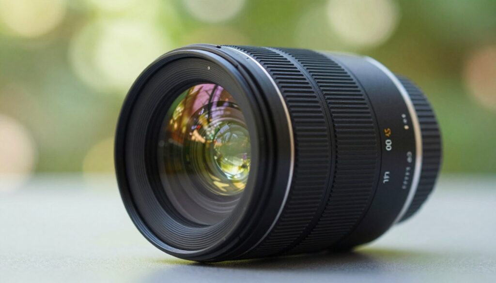 A visually striking close-up image of a high-quality lens (50mm) positioned on a reflective surface, showcasing its intricate details and sharpness. The foreground highlights the lens with bright, natural lighting that emphasizes the glass quality and metallic details, while a bokeh effect softly blurs the background, hinting at a vibrant outdoor scene. The midground subtly features photographic elements like a crisp, out-of-focus backdrop of greenery, suggesting depth of field and the potential for beautiful imagery. The overall mood conveys a sense of professionalism and artistry, inviting photographers to reflect on the nuances of lens performance beyond sharpness.