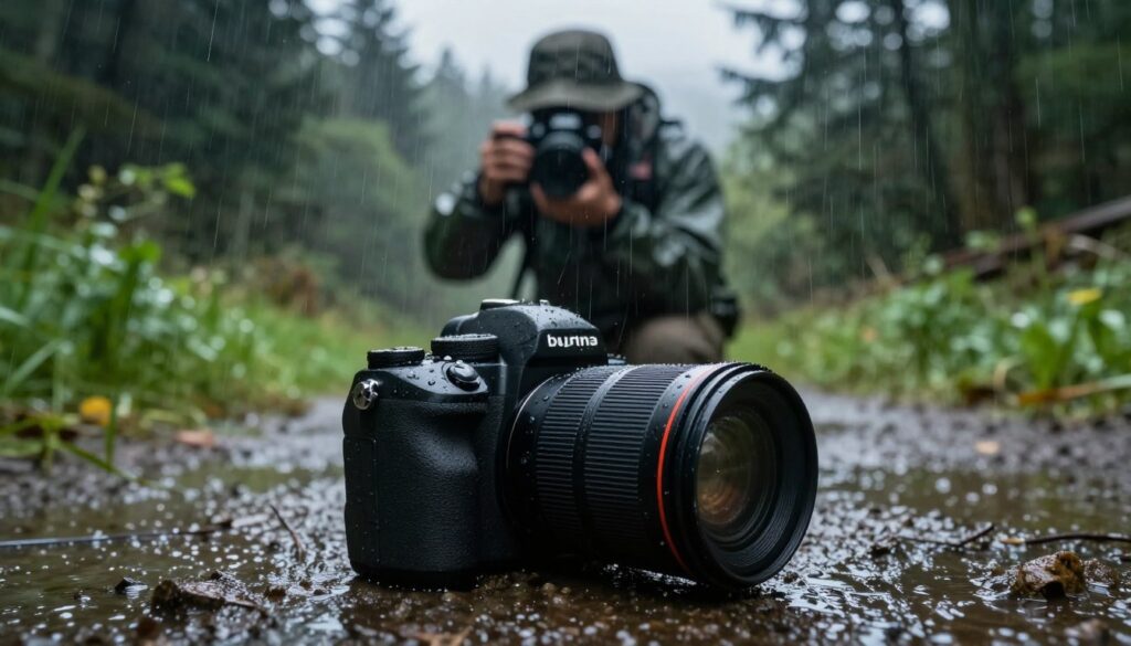 A weather-sealed camera lens positioned prominently in the foreground, glistening with raindrops as it rests on a rugged outdoor surface. Set against a blurred background of a lush, rain-drenched forest with lush greenery and puddles reflecting the overcast sky, the atmosphere is moody and dramatic. The lighting is soft yet diffused, with a gentle glow illuminating the wet surfaces. Include a photographer in the middle ground, dressed in a waterproof jacket and a hat, skillfully adjusting the settings on the camera while braving the inclement weather. Capture the essence of outdoor shooting challenges, with an emphasis on the importance of protective gear for camera equipment amidst the rain. The overall composition conveys resilience and preparedness in nature's elements, showcasing the essential tools for outdoor photography.