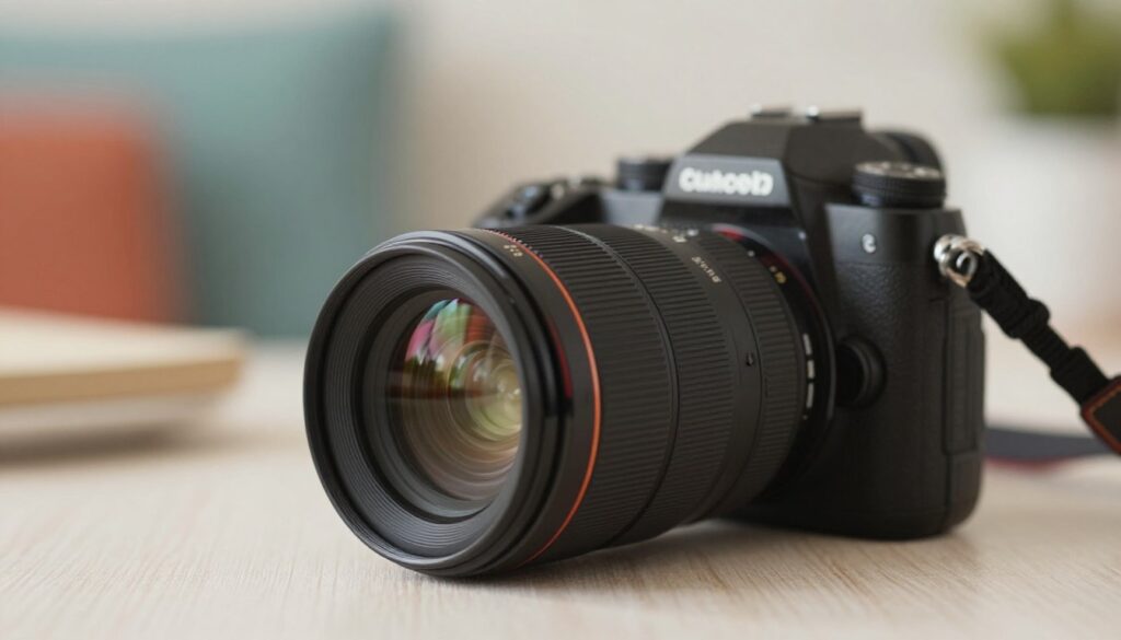A well-composed image showcasing a budget portrait lens, positioned in a professional photography environment. In the foreground, highlight the lens itself, resting on a clean, textured surface, glistening softly under soft, diffused lighting. The middle ground should feature an elegant camera body partially visible, emphasizing the lens attachment. In the background, blurred soft colors hint at a cozy studio space, perhaps with muted backdrops or soft props that suggest a portrait setting. The atmosphere conveys a sense of creativity and professionalism, with warm lighting to create an inviting mood. Ensure no human subjects are present, focusing solely on the lens and camera setup, demonstrating accessibility and affordability in portrait photography.