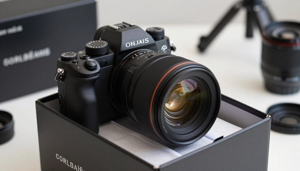 A well-lit close-up view of an open box camera, featuring a high-quality prime lens prominently displayed. The camera body should be sleek and modern, showcasing the interior packaging with neatly arranged protective materials. Include a subtle reflection of ambient light, emphasizing the lens' glass surface and metallic finish. In the background, hint at a clean, organized workspace with photography tools—like a tripod and lens cleaning kit—to create an informative atmosphere. Soft, diffused lighting should enhance the image, creating a professional yet inviting mood that conveys the excitement and importance of exploring open box and demo equipment for photography enthusiasts.