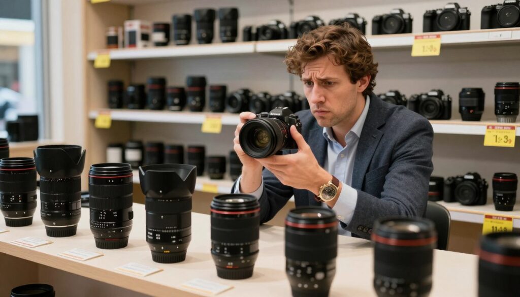 A well-organized photography store display showcasing common mistakes when buying prime lenses, with three distinct sections: foreground, middle, and background. In the foreground, a table features a selection of poorly chosen lenses, such as a mismatched lens mount, overly large lenses compared to camera body, and a lens with an unclear specification sheet. In the middle ground, a photographer, dressed in smart casual attire, inspects a lens with a puzzled expression, demonstrating confusion over features. The background shows shelves filled with various lenses and cameras, some with price tags showing exaggerated prices. Soft, natural lighting illuminates the scene, emphasizing the thoughtful atmosphere while guiding the viewer's eye towards the mistakes being made.